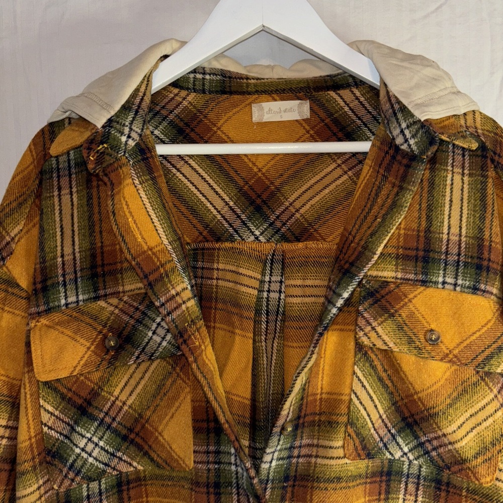Alterd State Flannel Hoodie Shacket Women Size Sm Yellow Plaid Button Up Raw Hem - Picture 4 of 7